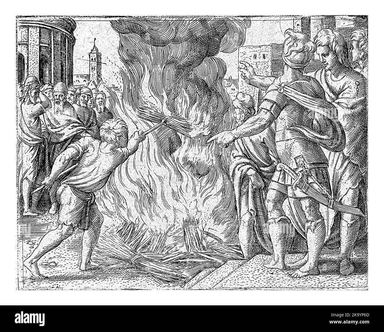 Philistines burn Samson's wife and father-in-law, Cornelis Massijs, 1549 After Samson set fire to the Philistines' cornfields because his father-in-la Stock Photo