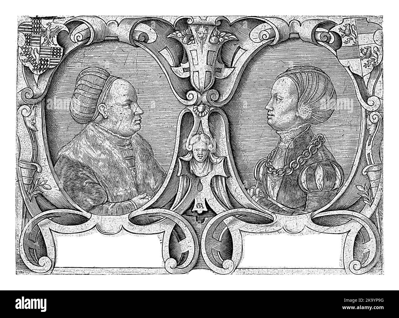 Double portrait of Count Ernst II Mansfeld zu Vorderort and of his second wife Dorothea von Solms-Lich, both in profile. Stock Photo