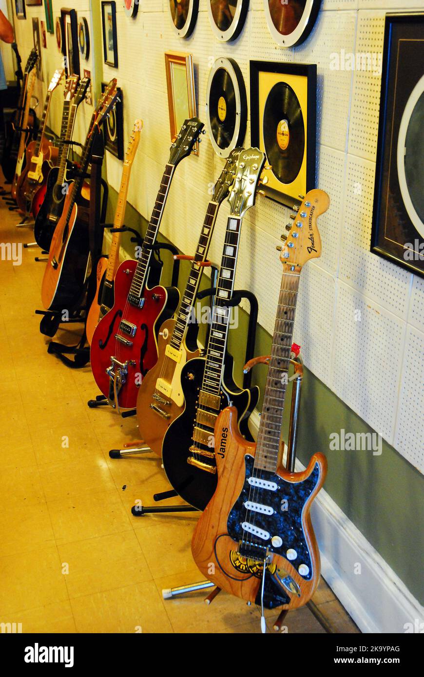 Electric guitars stand at the ready for recording in Sun Studios