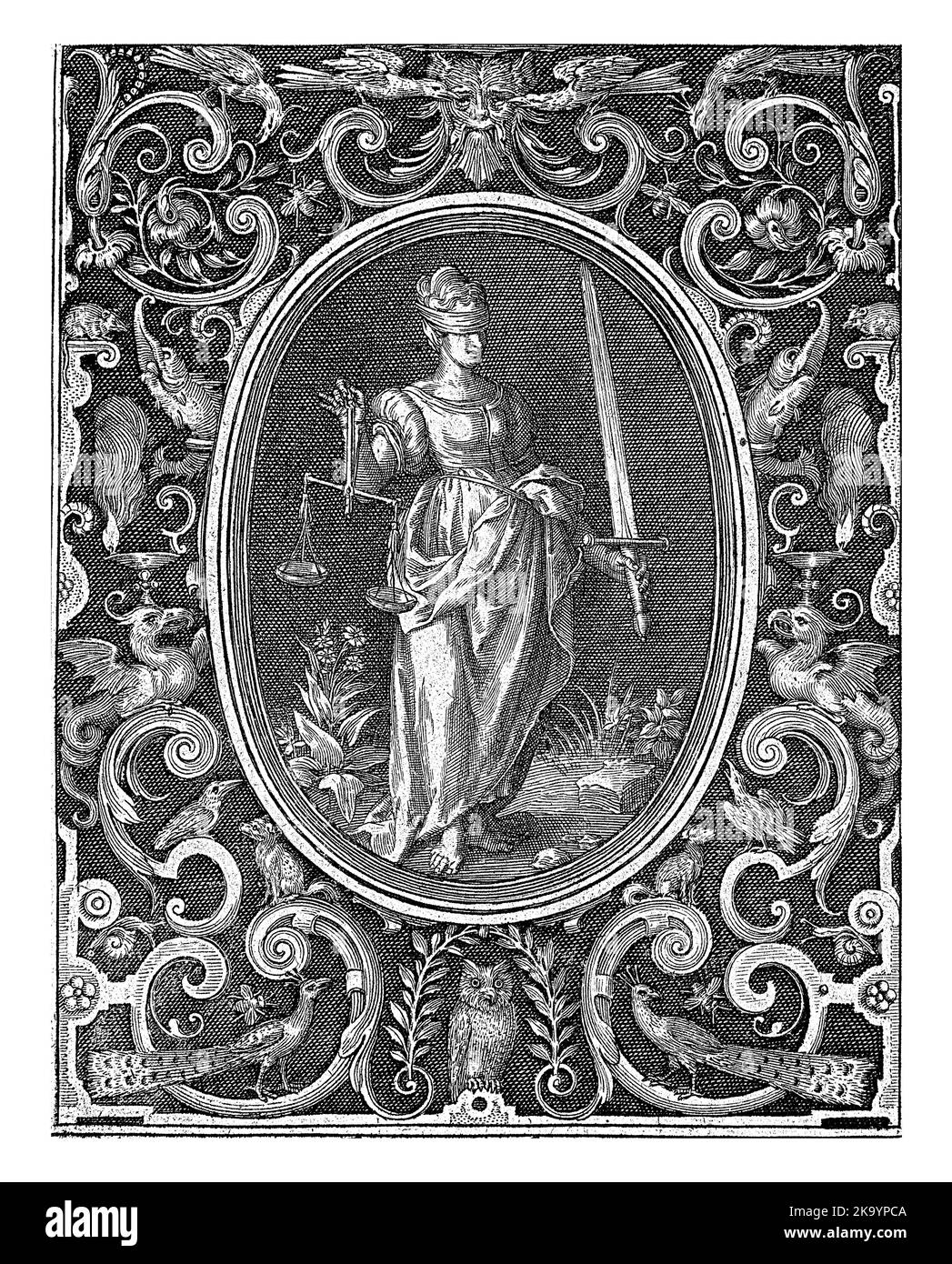 Sheet 4 of a series of 4 numbered sheets with surface decorations. Justitia, personification of Justice, standing in oval. At the bottom of the frame Stock Photo