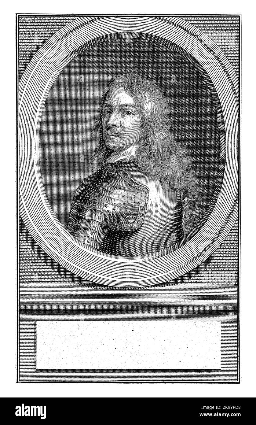 Buset to the left of Hendrik Casimir I, seen from the back and looking over his left shoulder, in an oval. The portrait rests on a plinth with an empt Stock Photo