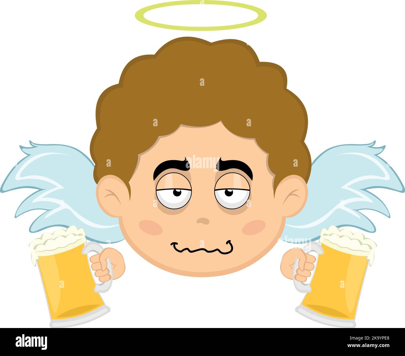 Vector illustration of the face of a drunk cartoon angel with glasses of beer in his hands Stock Vector