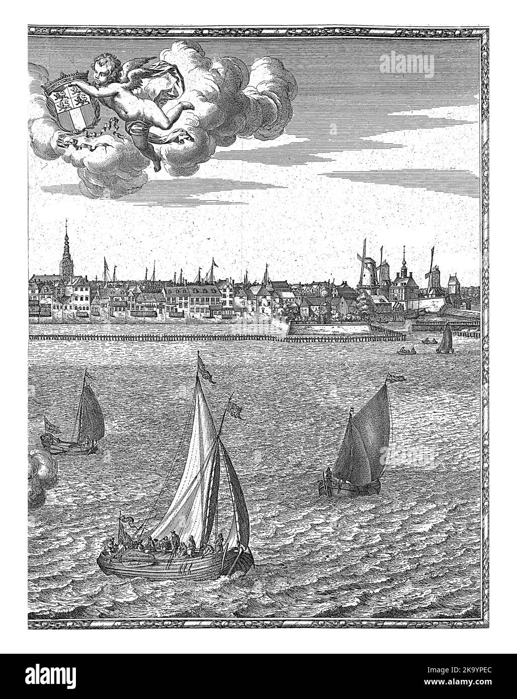 View of Rotterdam, seen from the Nieuwe Maas. In the foreground the river with ships, in the background the city with the Sint-Laurenskerk in the midd Stock Photo