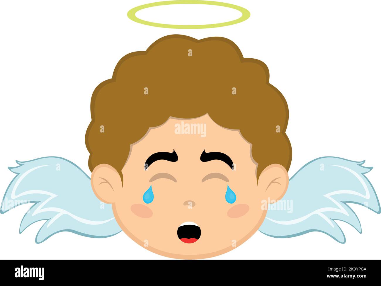 Vector illustration of the face of a cartoon angel boy with a sad expression, crying with tears in his eyes Stock Vector