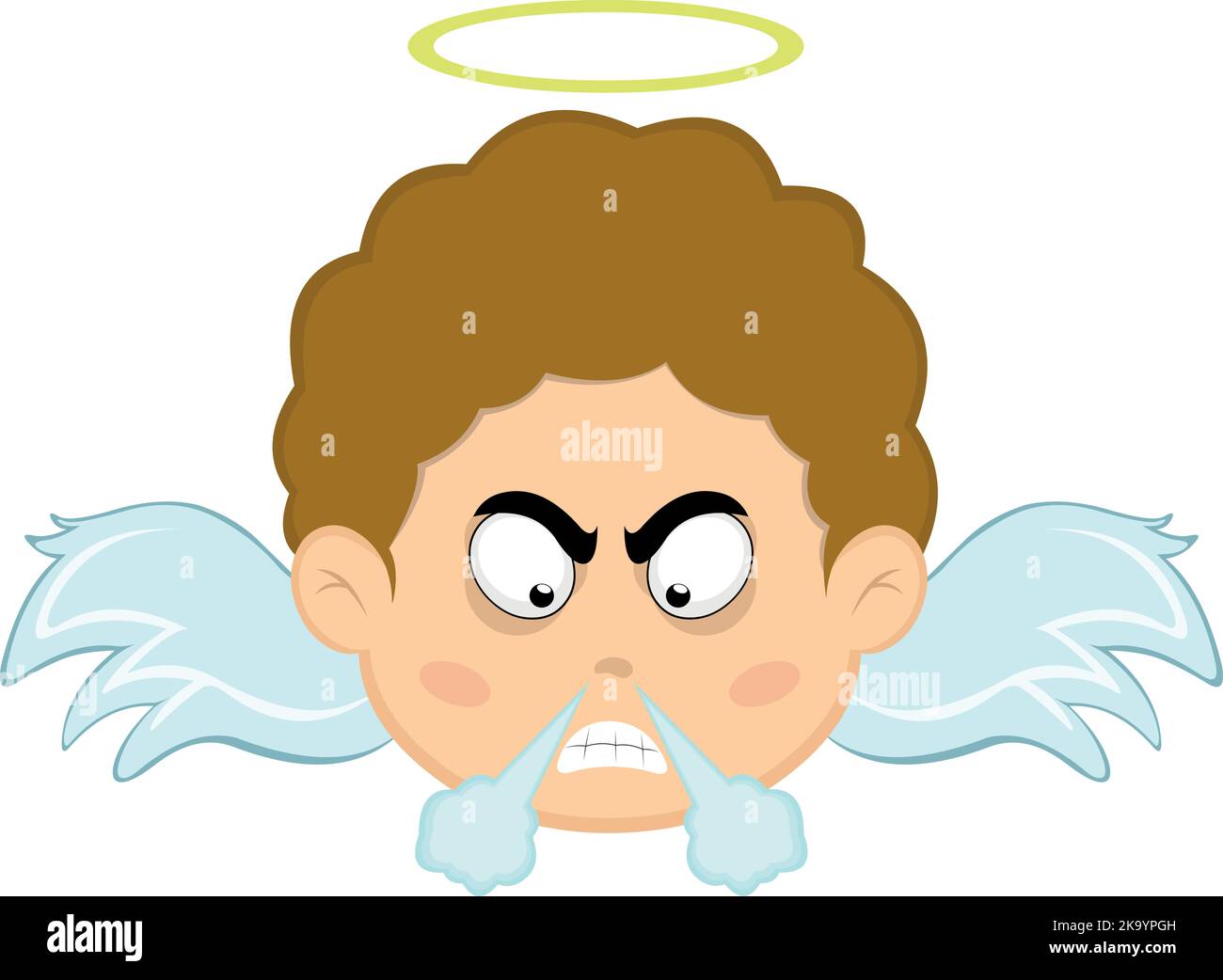 Vector illustration of the face of a cartoon angel boy with an angry expression and fuming Stock Vector