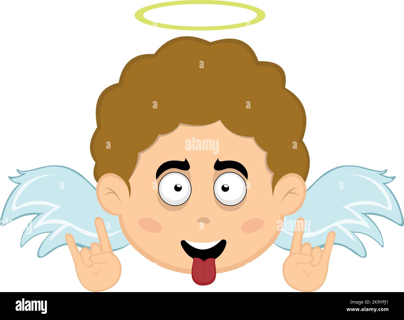 Vector illustration of the face of a cartoon angel boy with a happy expression, making the classic heavy metal gesture with his hands and tongue out Stock Vector