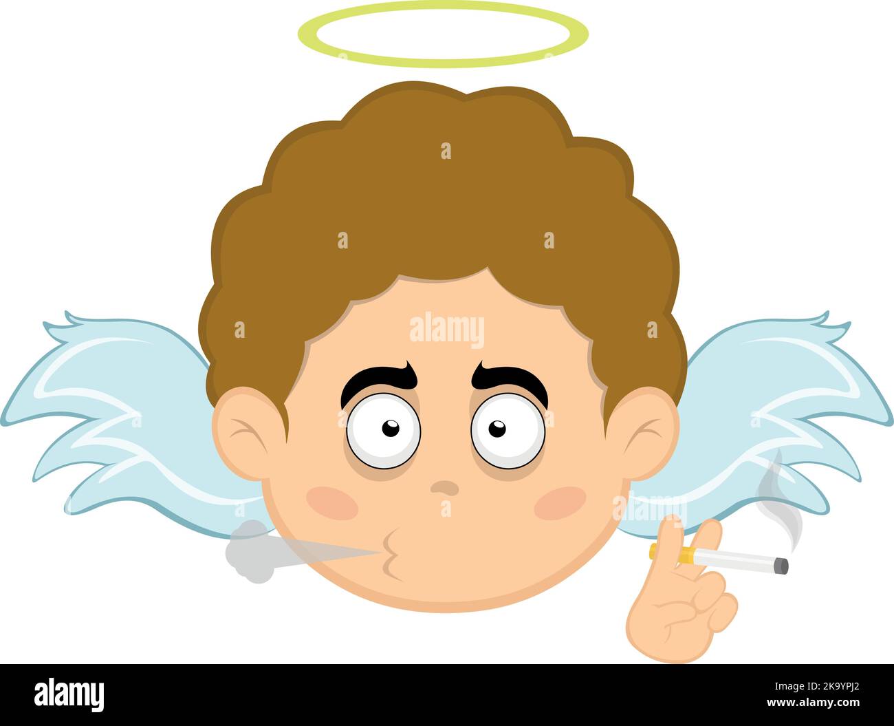 Vector illustration of the face of a cartoon angel smoking with a cigarette in his hand Stock Vector