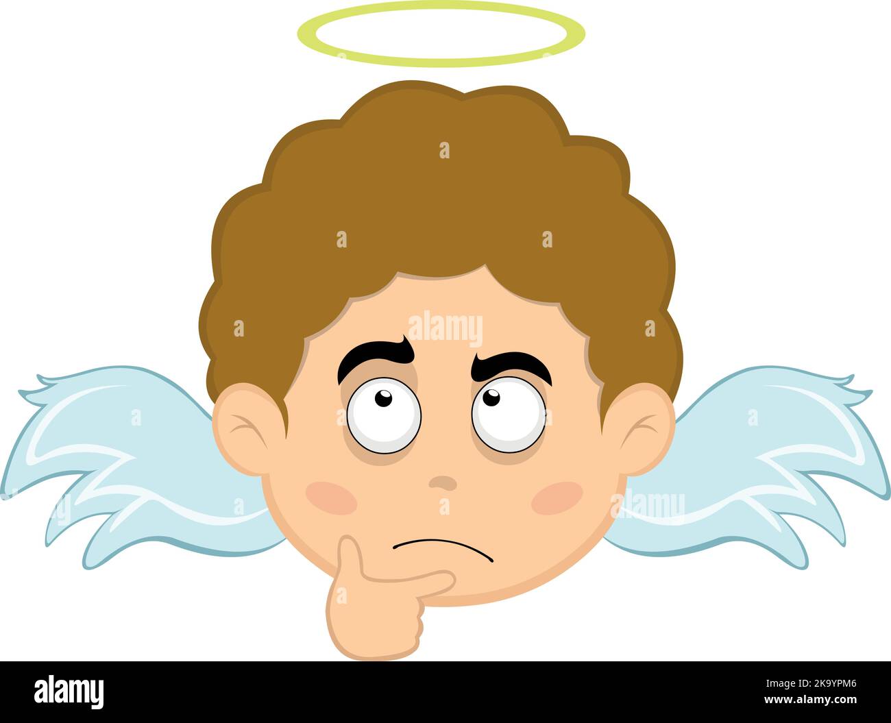 Vector illustration of the face of a child angel cartoon with a thinking expression or doubt, with the hand on the chin Stock Vector