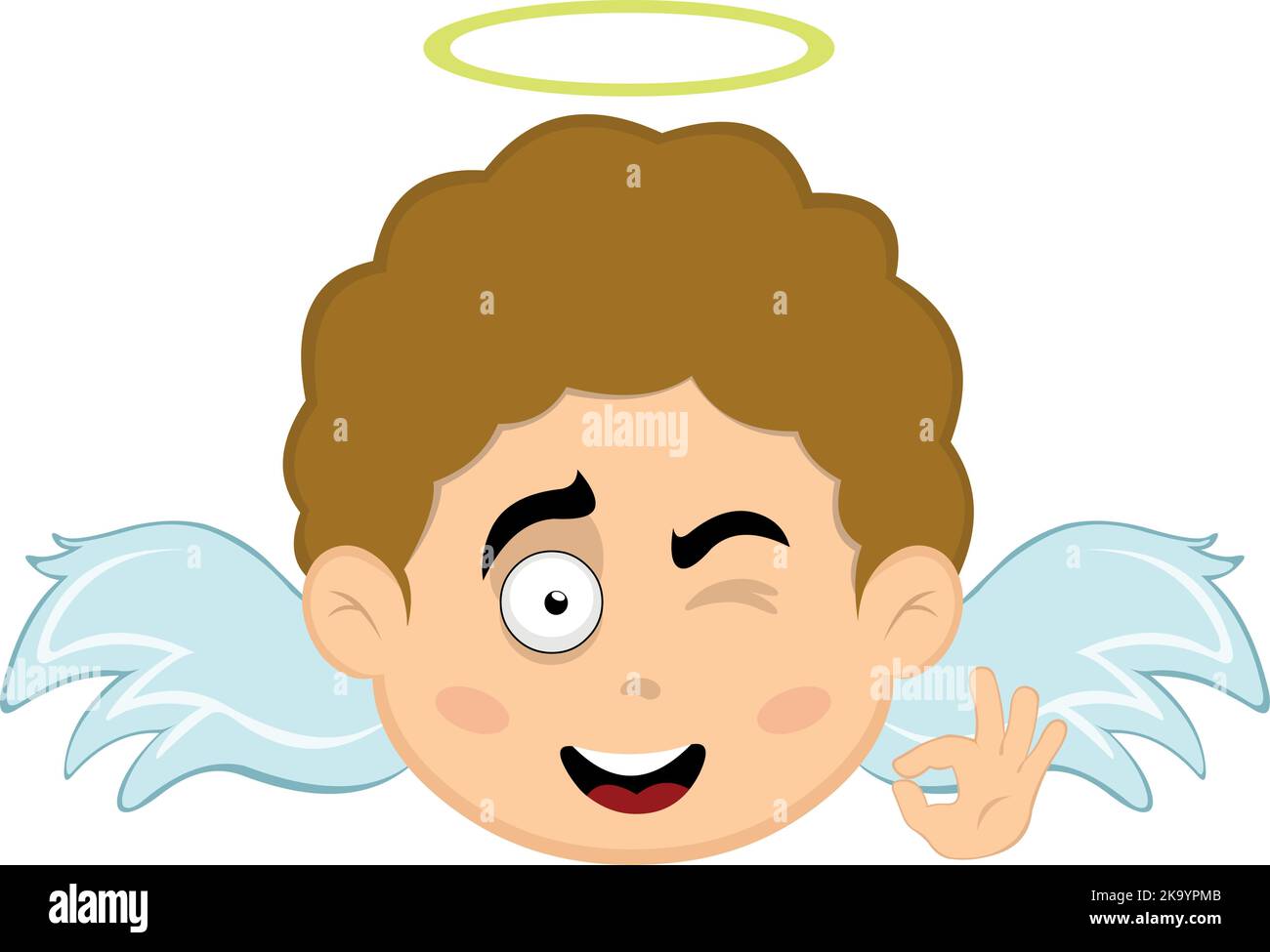 Vector illustration of the face of a cartoon angel boy with a happy expression, winking and making an ok or perfect gesture with his hand Stock Vector