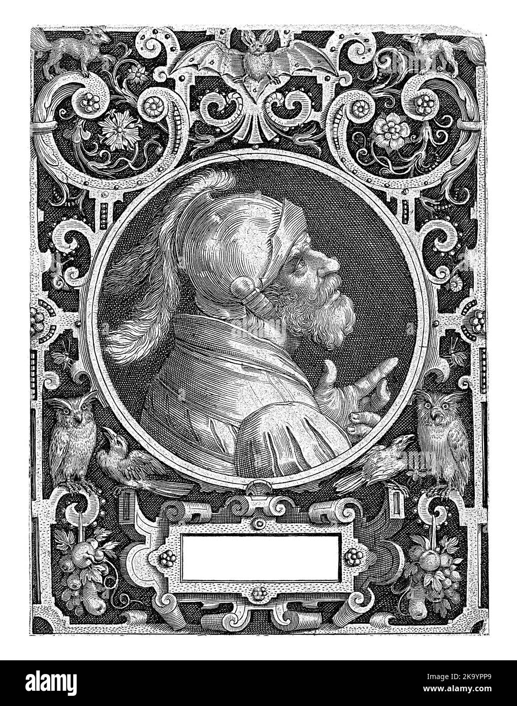 Portrait of Godfrey van Bouillon in medallion within rectangular frame with ornaments, Nicolaes