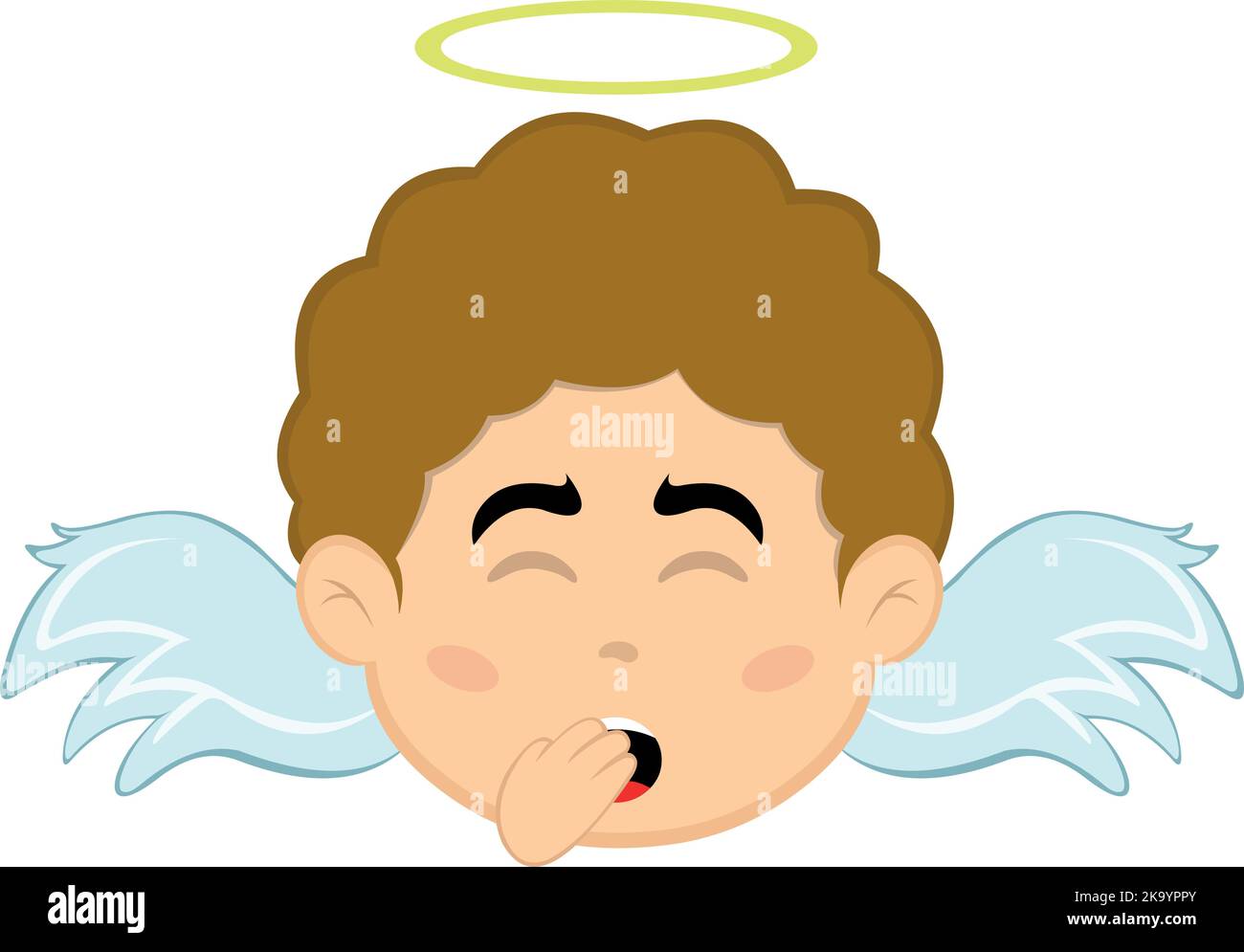 Vector illustration of the face of a cartoon angel boy yawning with his hand on his mouth Stock Vector