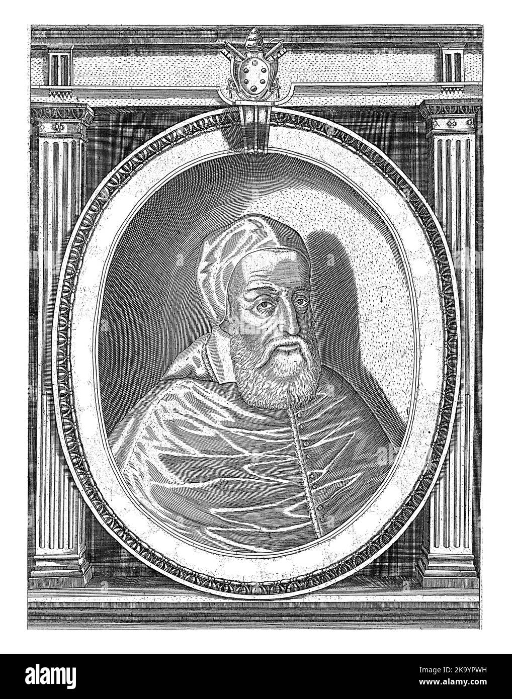 Portrait of Pope Leo XI dressed in the papal robes, head with a camauro. Bust to the right in an oval frame with edge lettering. Stock Photo
