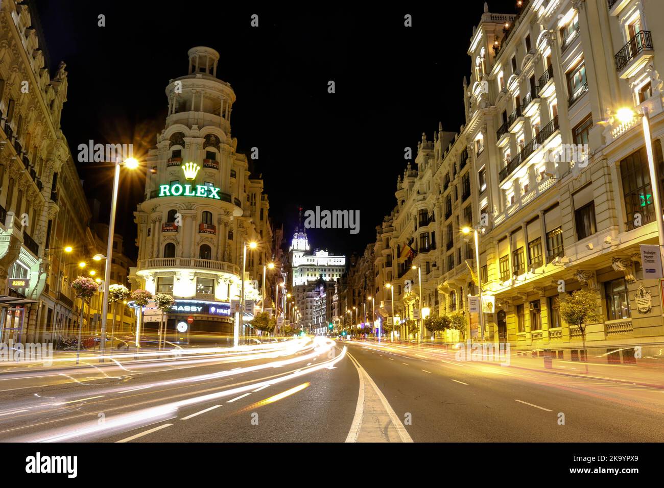 Night photography at Gran Via in the city of Madrid, Spain Stock Photo