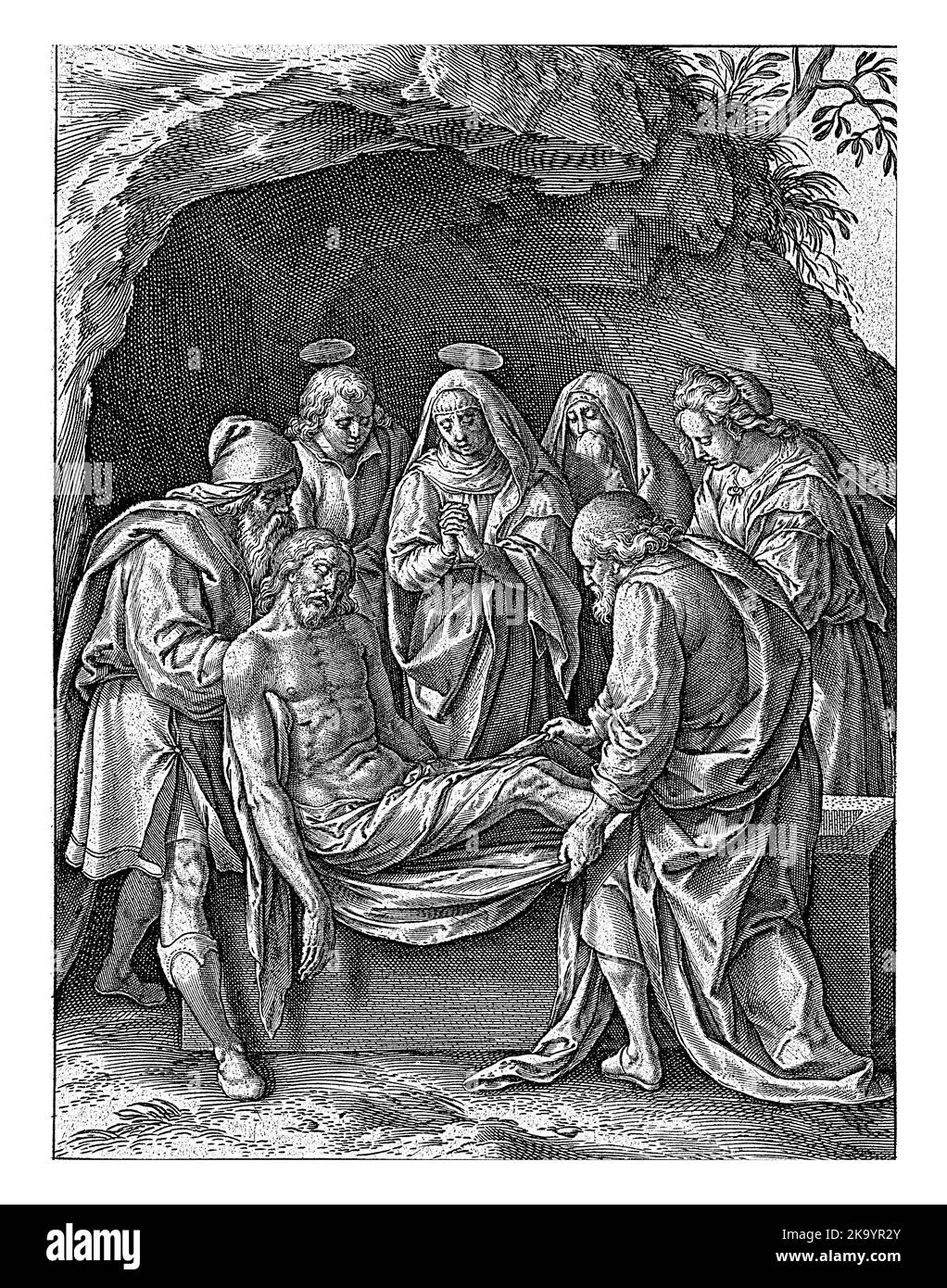 Entombment of Christ, Hieronymus Wierix, after Maerten de Vos, 1563 - before 1586 Christ is laid in the rock tomb by Joseph of Arimathea and Nicodemus Stock Photo