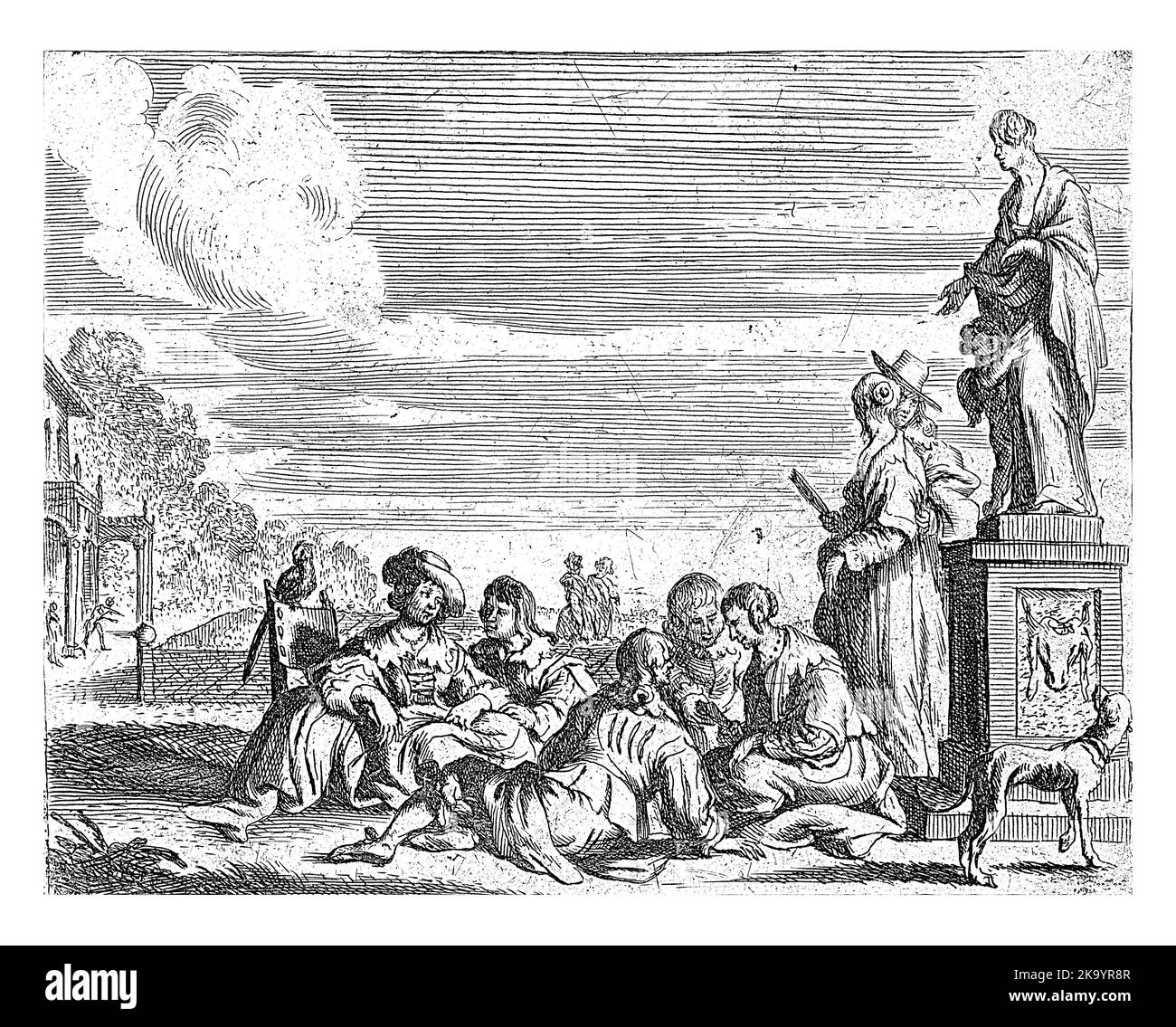 An elegant company sits together on a path in a garden. On the right a statue of Venus with Amor. A dog looks up at the statue. Stock Photo