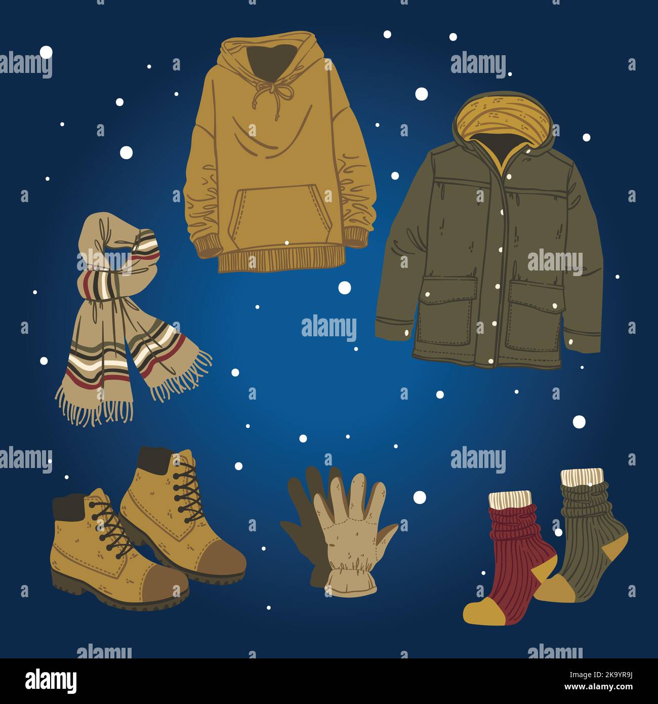 hand drawn flat winter clothes essentials collection vector design illustration Stock Vector