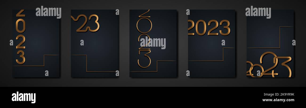 set black cards 2023 New Year gold texture, golden luxury dark modern background, elements for calendar and greetings card or Christmas themed winter Stock Vector