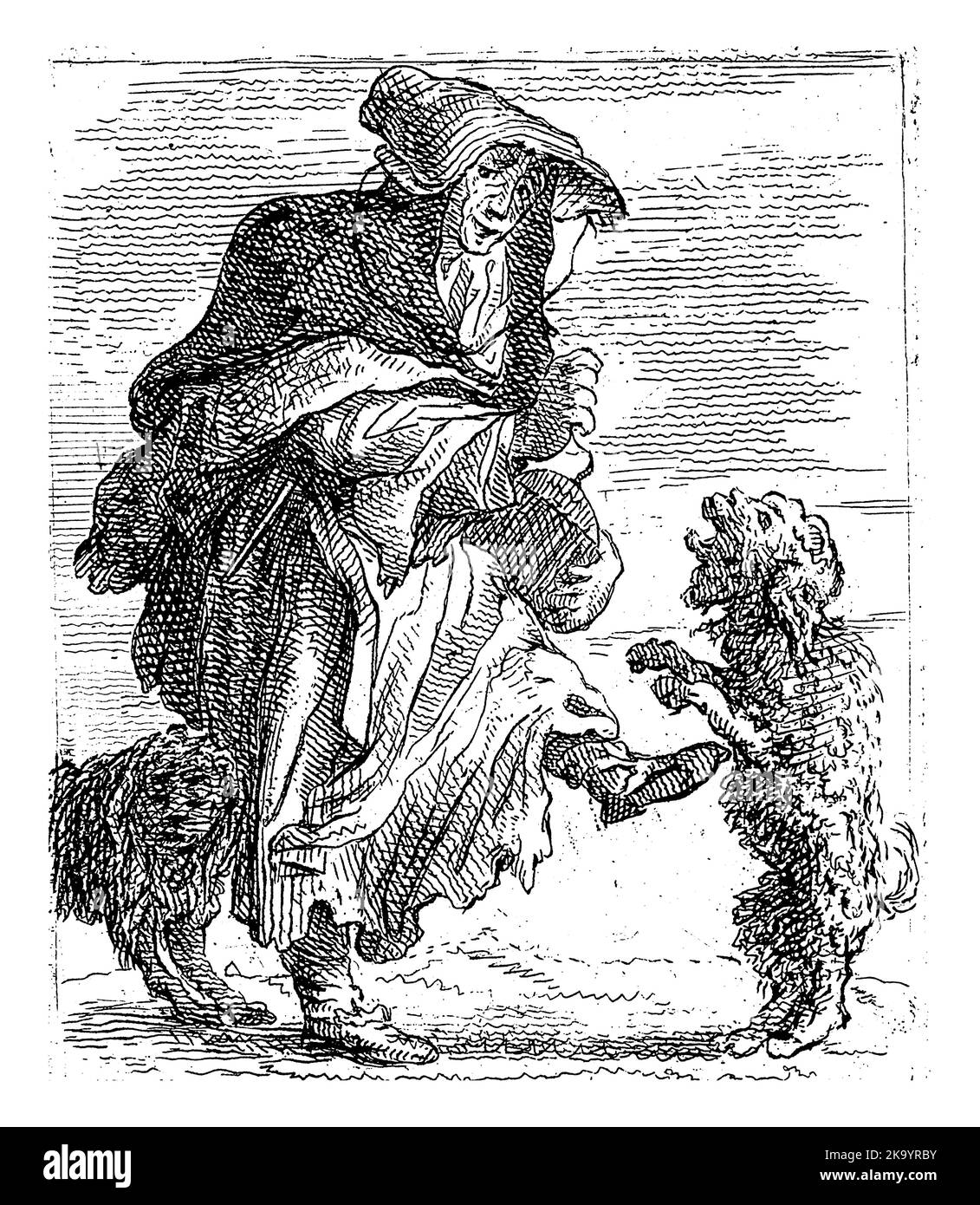 An old woman makes a dog dance to the music of her hurdy-gurdy. Behind her is a second dog. Below the print four lines of verse in Dutch. Stock Photo