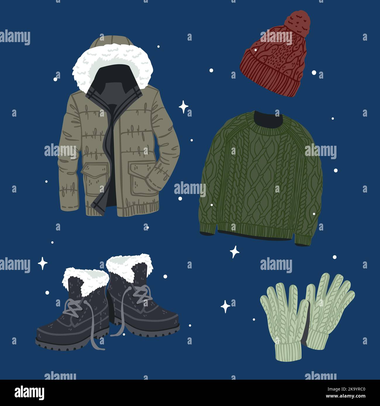 hand drawn flat winter clothes essentials collection vector design illustration Stock Vector