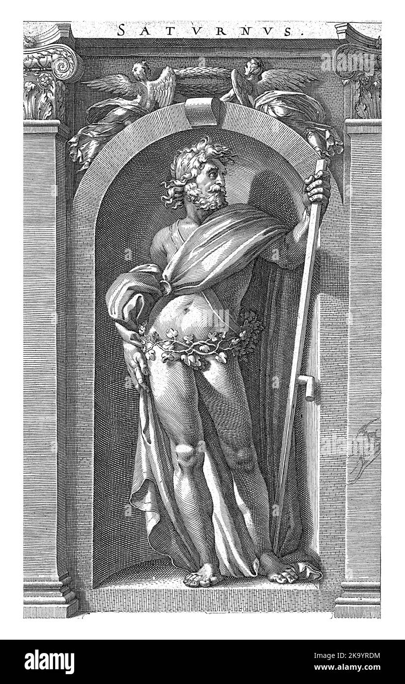 Saturn, standing in a niche, a scythe in his left hand. Below the performance a three-line Latin caption. Stock Photo