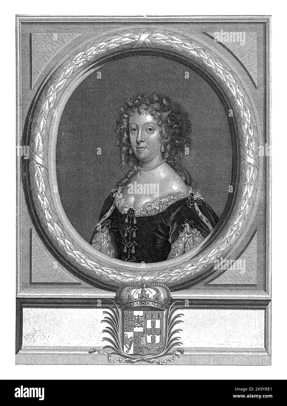 Portrait of Catherine of Braganza, Queen of England, in oval frame in the shape of a laurel wreath. Stock Photo