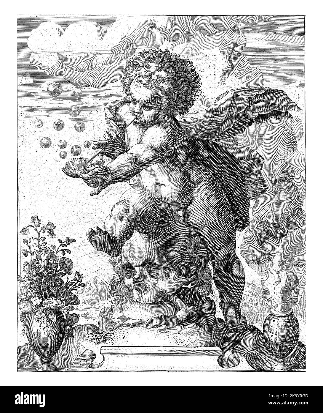 A putto sits on a skull and blows bubbles. On the left a vase with flowers and on the right a smoking barrel. Below the performance two four-line vers Stock Photo