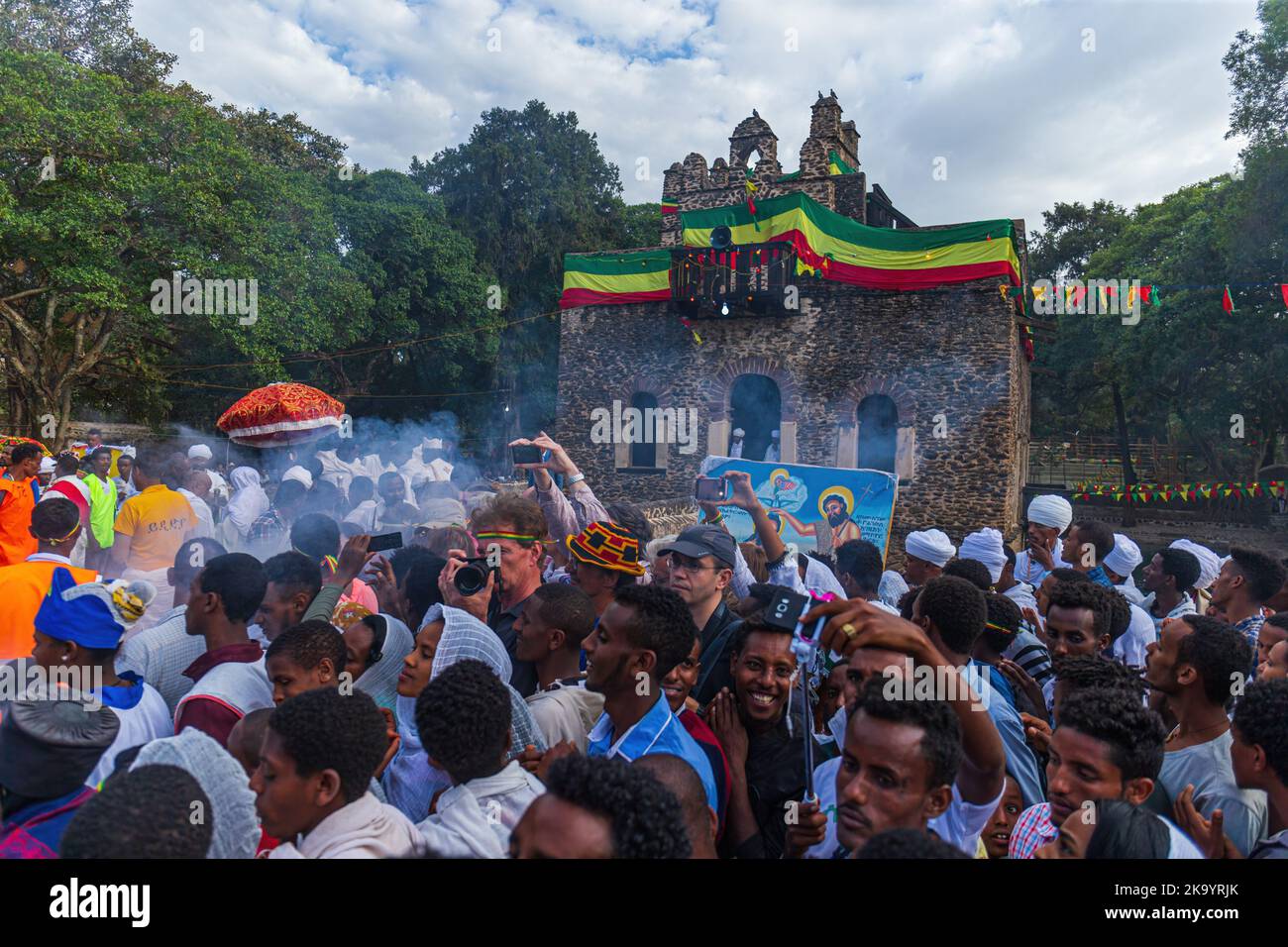 GONDAR, ETHIOPIA - JANUARY 19, 2019: People gathering at Timkat festival at Fasilides Bath in Gondar, Ethiopia Stock Photo