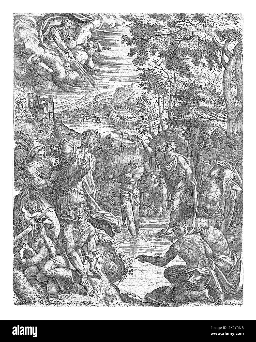 Christ with arms crossed on his chest is baptized by John the Baptist in the Jordan River. God the Father, holding an apple of a kingdom in his hand, Stock Photo
