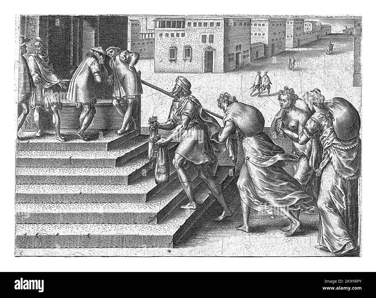 A litigant walks up a flight of stairs with two cases in his hands and behind him three women carrying bags with the inscriptions 'Shamelessness', 'Pa Stock Photo