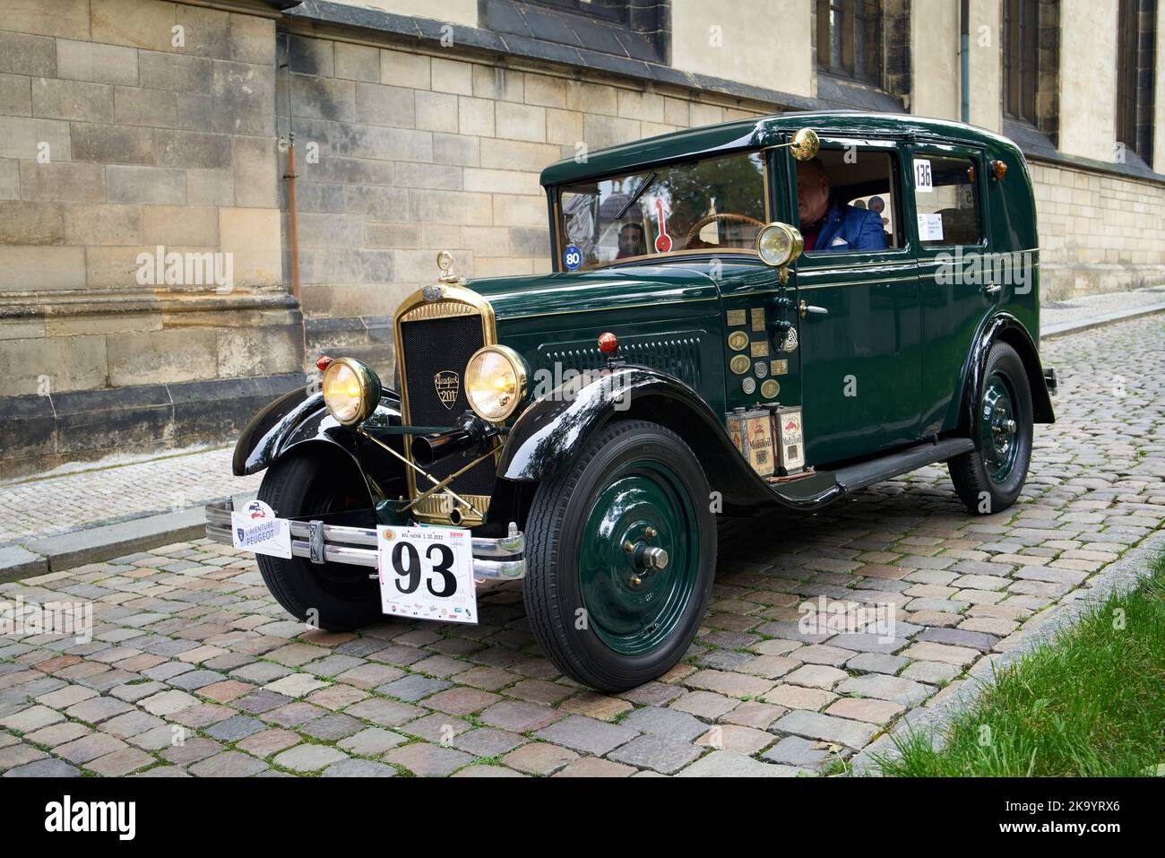 PRAGUE, CZECH REPUBLIC - OCTOBER 1, 2022: Vintage green Peugeot 201 car at the Prazska Noblesa event Stock Photo