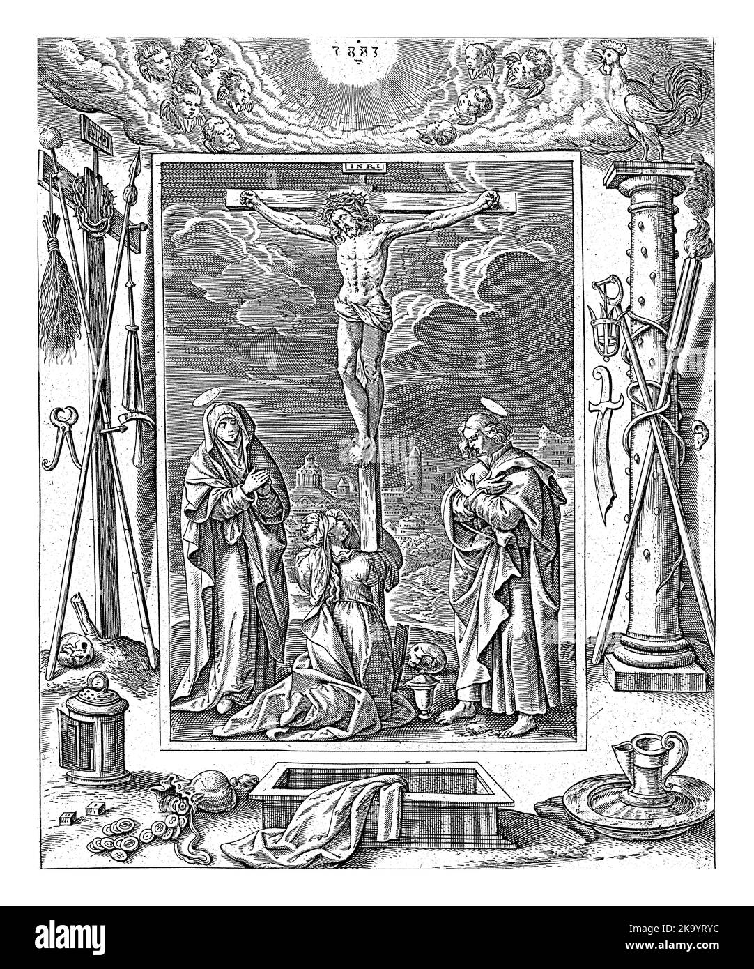 Crucifixion of Christ, Antonie Wierix (II), after Maerten de Vos, 1582 - 1586 The Crucifixion of Christ on Mount Golgotha. Under the cross are Mary Ma Stock Photo