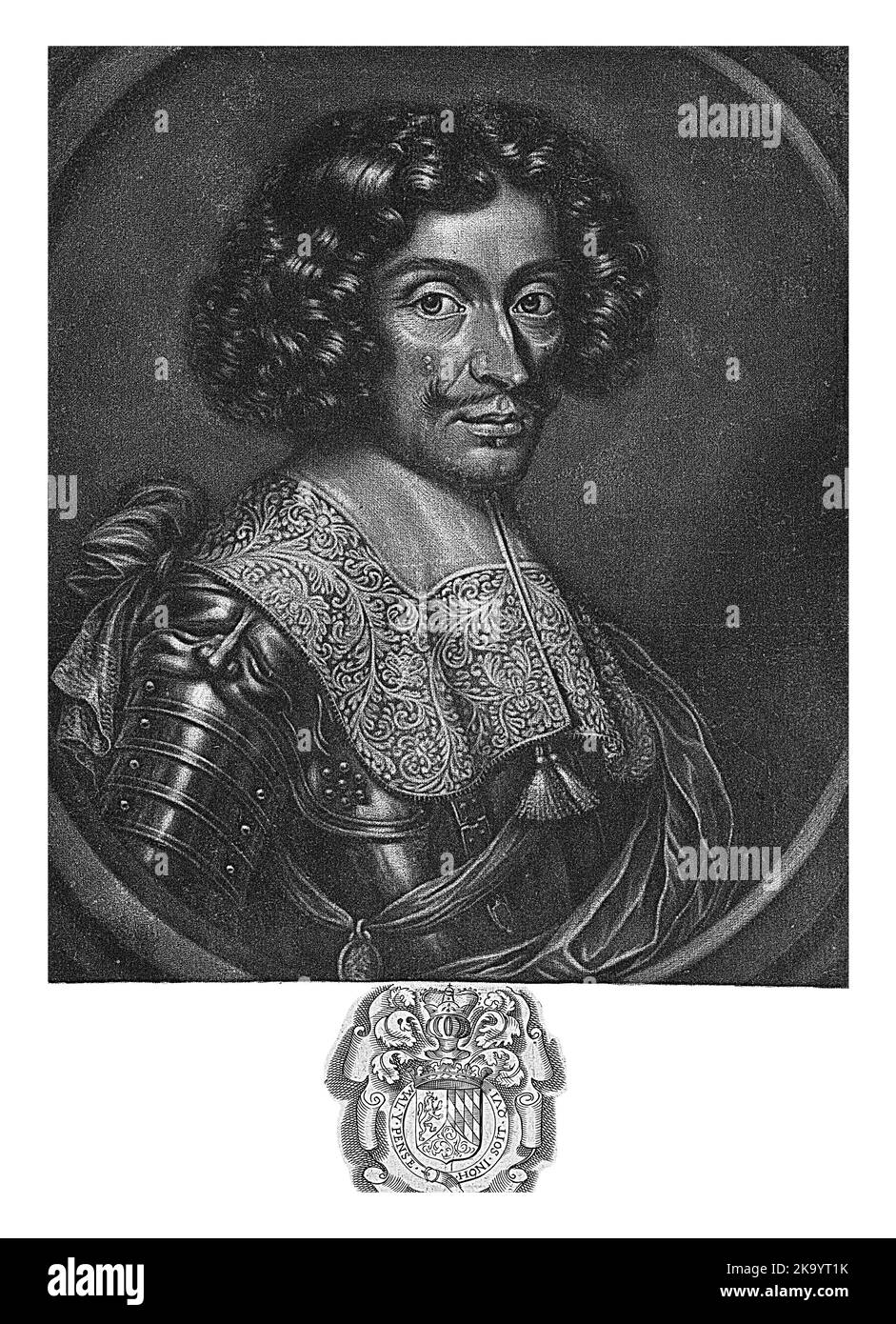 Karel Lodewijk, Elector of the Pals. He wears a harness and a flat collar. At the bottom in the margin are family crest, name and titles. Stock Photo