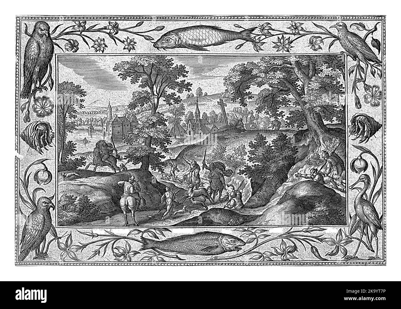 Forest landscape with deer hunting. In the foreground, a deer is being hunted by hunters. The print has an ornamental frame with flowers, fish and ani Stock Photo