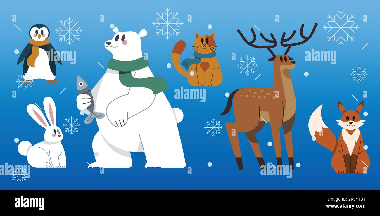 hand drawn flat winter animals collection vector design illustration ...