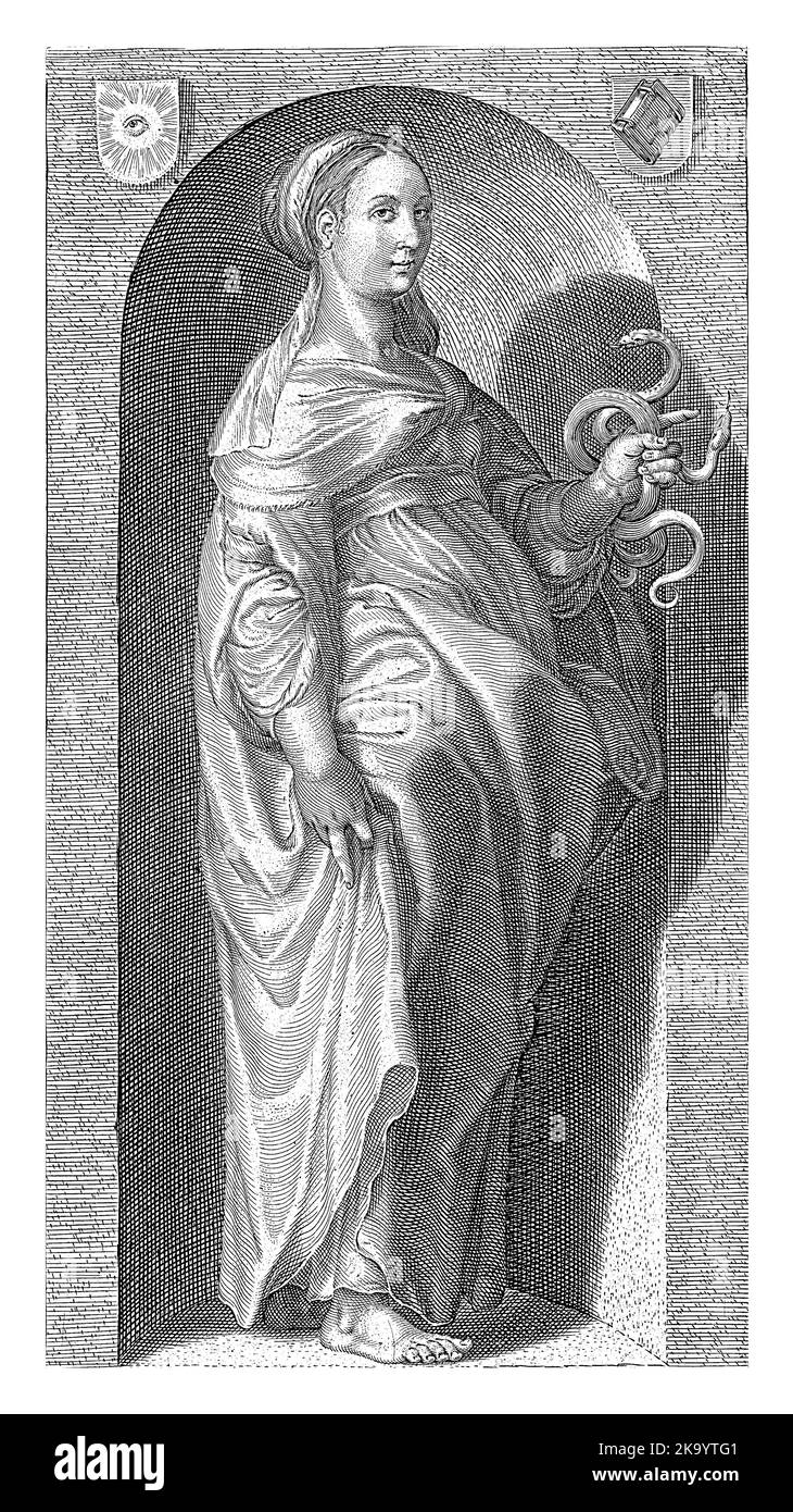 Personification of Prudence, holding two snakes in her hand, standing in niche. Stock Photo