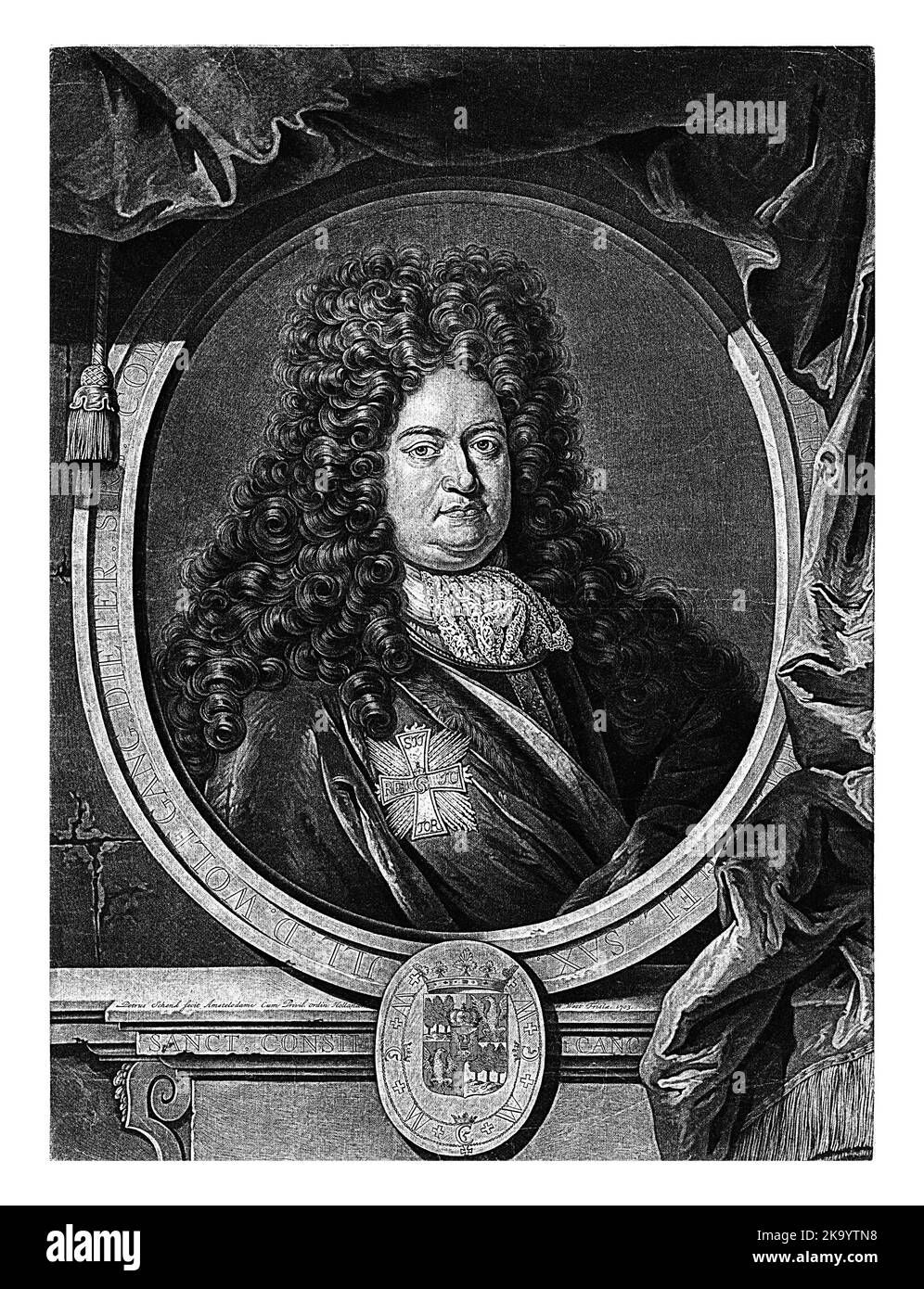Wolf Dietrich, Count of Beichlingen with a wig. Under the oval frame his family crest. Stock Photo