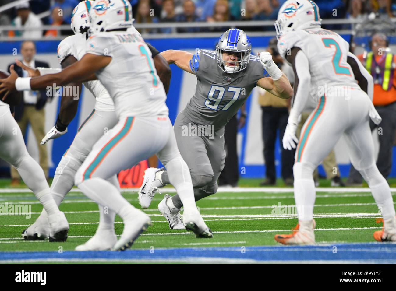 Detroit Lions linebacker Malcolm Rodriguez (44) pursues a play on defense  against the Miami Dolphins during an NFL football game, Sunday, Oct. 30,  2022, in Detroit. (AP Photo/Rick Osentoski Stock Photo - Alamy