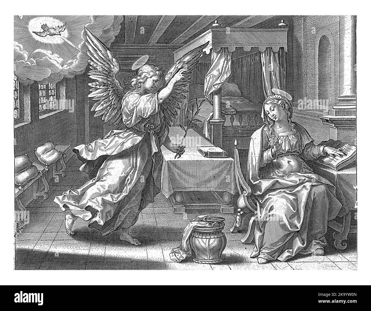 Maria is sitting on a chair and reading a book. She is visited by the