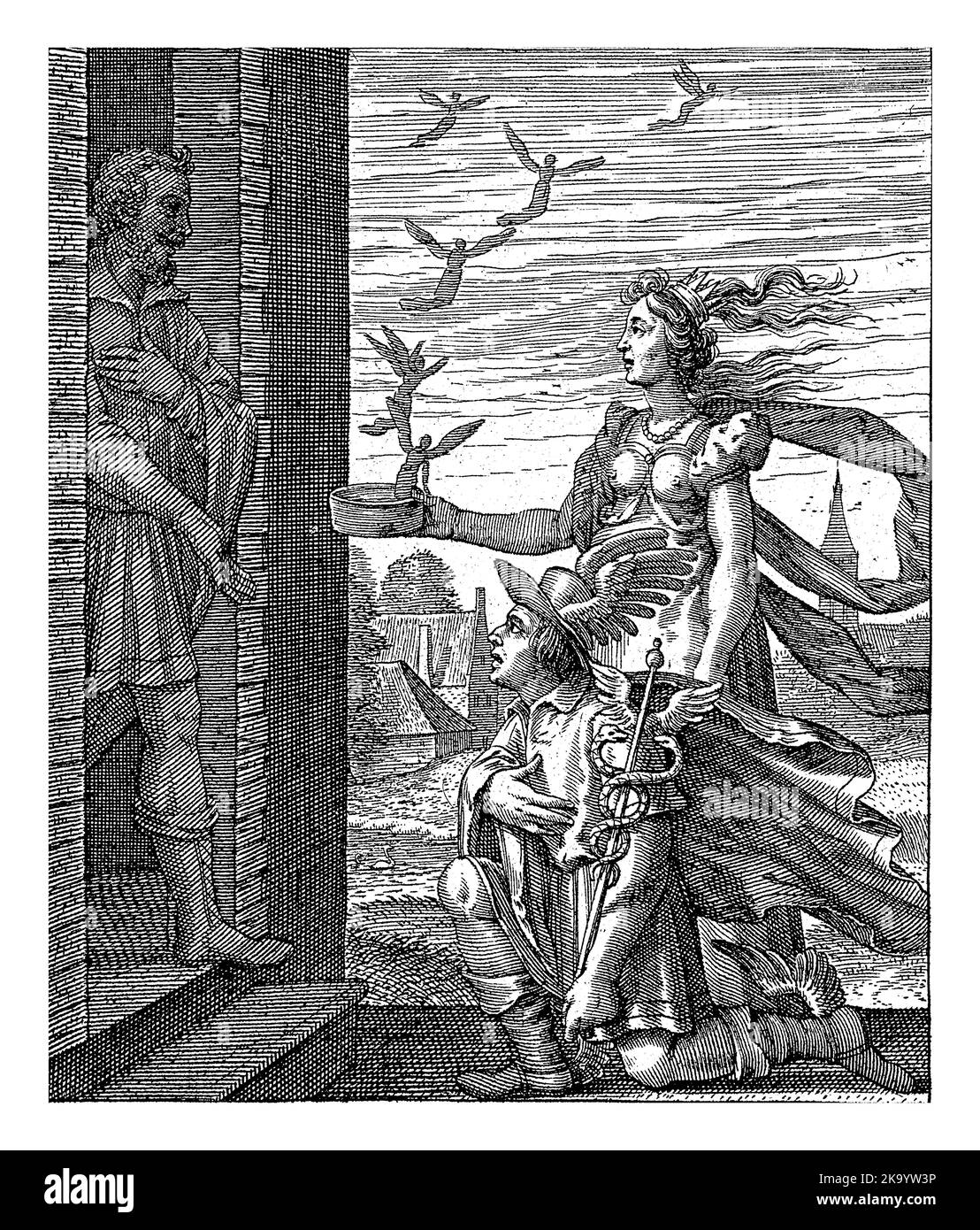 Pandora shows the opened box to her husband Epimetheus. Out of the box