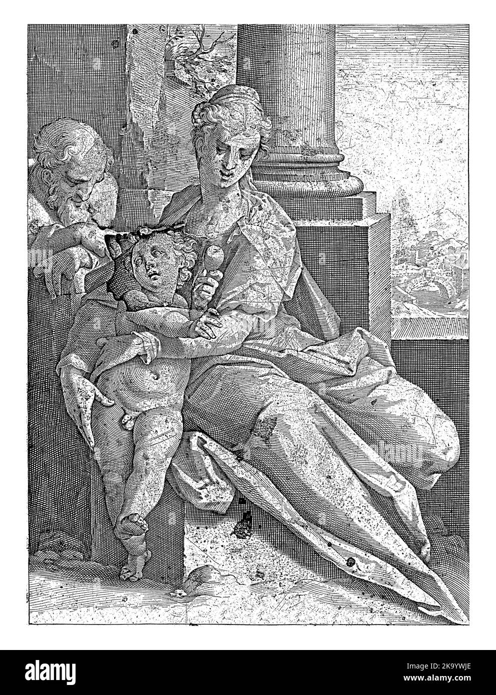 Mary, Joseph and the Christ Child, all full-length, at a column. Christ holds an apple in the left hand. Stock Photo