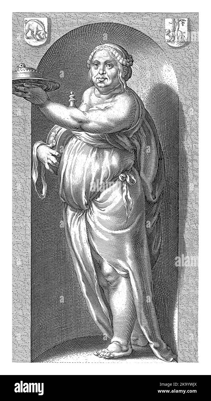 Personification of gluttony, depicted as a fat female figure with a pie, standing in a niche. Stock Photo