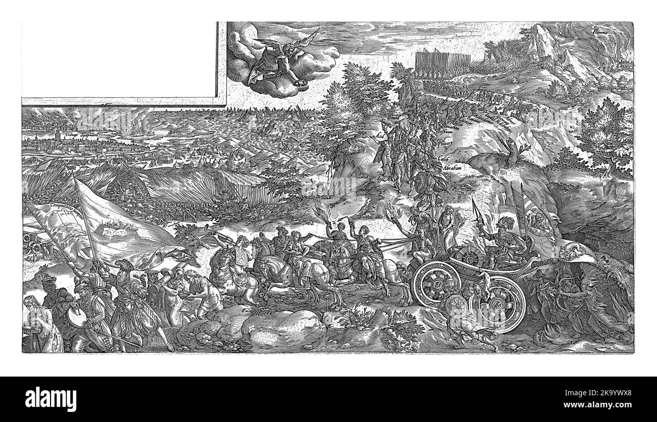 Allegory of the Causes and Effects of War. The personification of the War rides on a chariot drawn by four horses, in front of a procession of personi Stock Photo