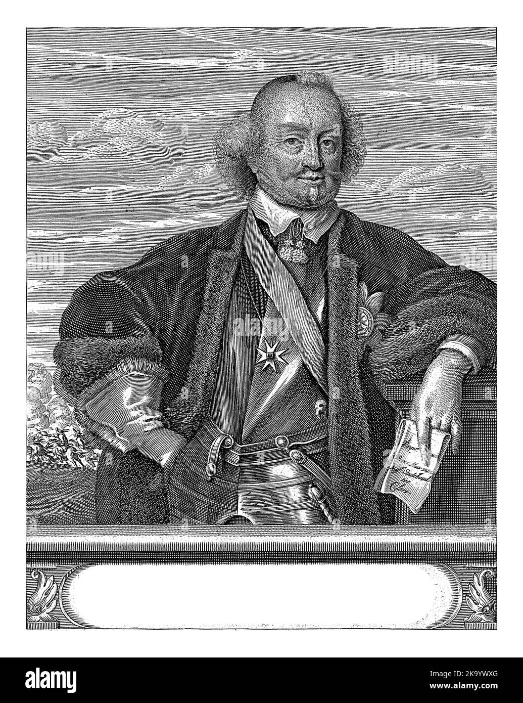 Portrait of Johan Maurits, Count of Nassau-Siegen, Christiaan Hagen, after de J. Baan, c. 1663 - c. 1695 Portrait of Johan Maurits. Papers in his left Stock Photo
