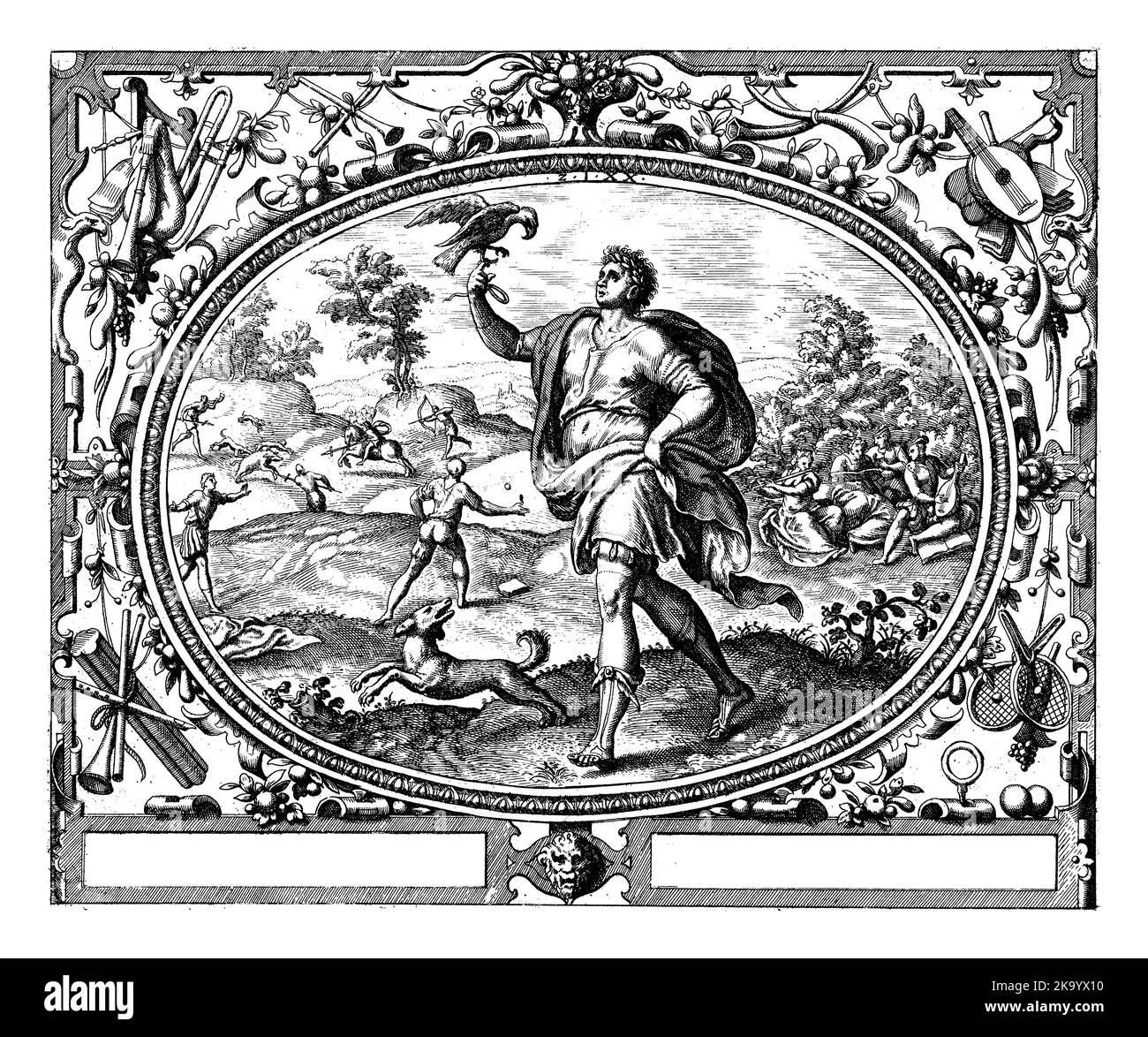 In an oval frame, decorated with ornaments, a representation of a young man on a falcon hunt. In the background, boys are engaged in hunting, sports a Stock Photo