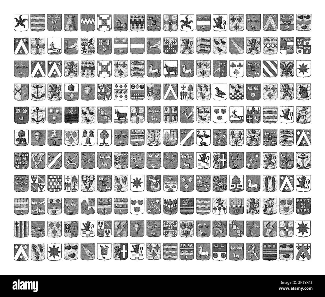 Coat of arms card with the arms and names of the forties of the city of