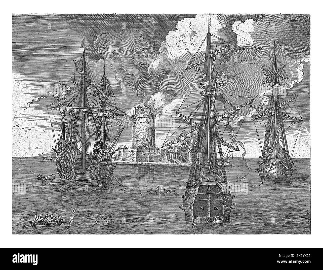 Three warships at anchor at a fortified lighthouse. Some sloops between the ships. Stock Photo