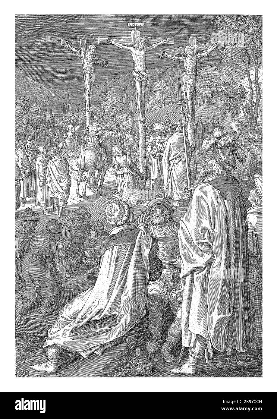 Crucifixion of Christ, Nicolaes de Bruyn, 1618, vintage engraved. Stock Photo