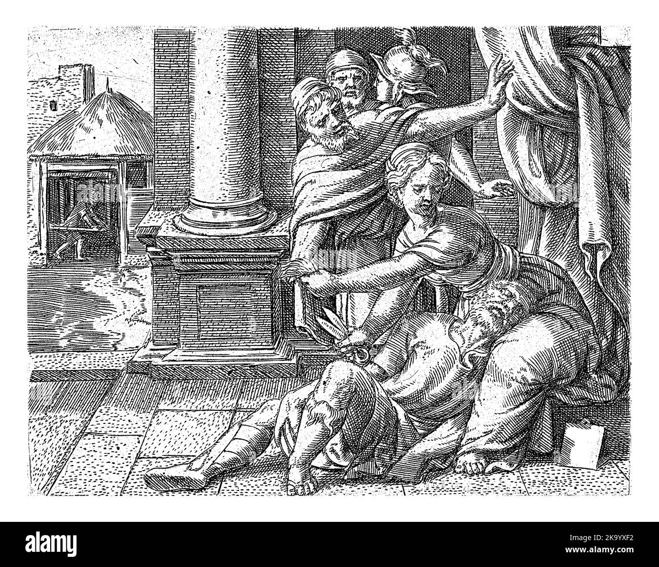 Samson and Delilah, Cornelis Massijs, 1549 Samson is sleeping with his head on Delilah's lap, while she cuts his hair. Three Philistines are ready to Stock Photo