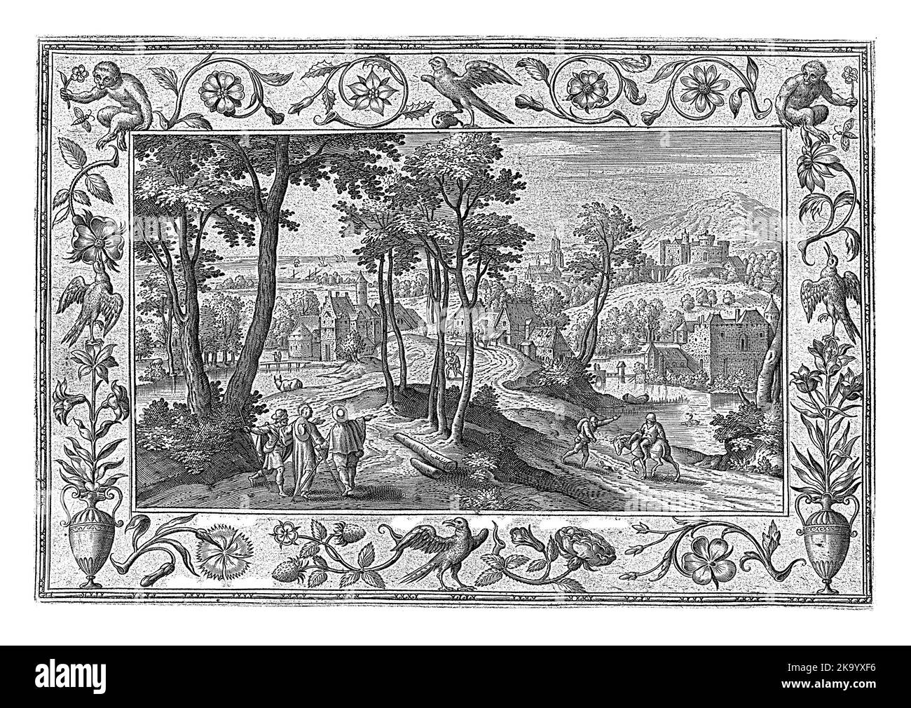 Landscape with a road. On the road two apostles on a journey to Emmaus. They are accompanied by Christ, dressed as a pilgrim. The print has an ornamen Stock Photo