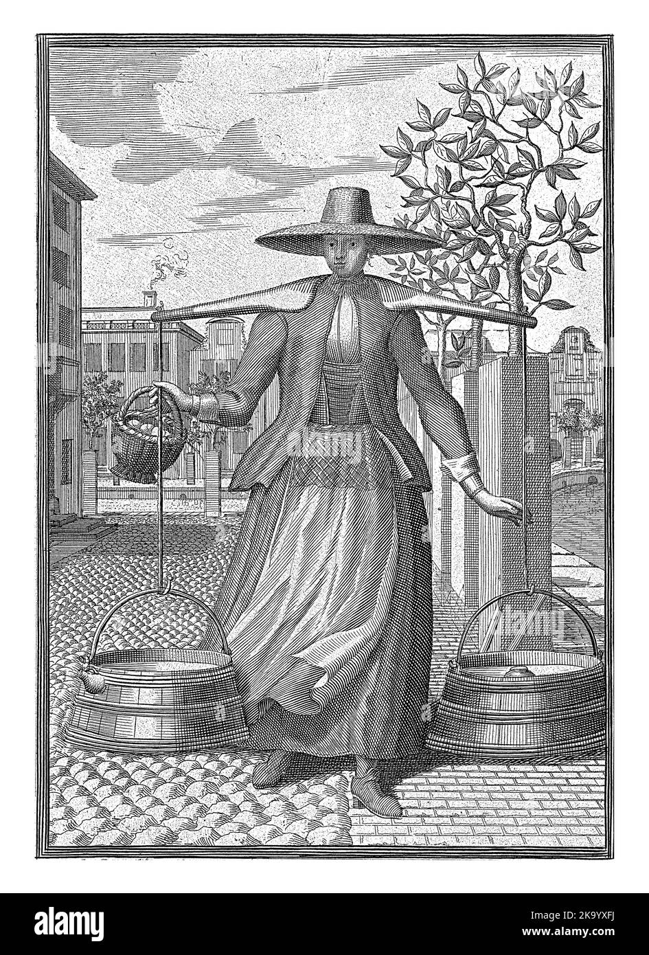 Milkmaid from Waterland, Pieter van den Berge, 1669 - in or before 1689 A milkmaid from Waterland carries a yoke with two buckets of milk. In her hand Stock Photo